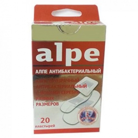 ПЛАСТЫРЬ МЕДИЦИНСКИЙ АЛПЕ АНТИБАКТЕРИАЛЬНЫЙ проз. с ион.сереб., раз.разм., (76х19, 57х16, 22х22) №20